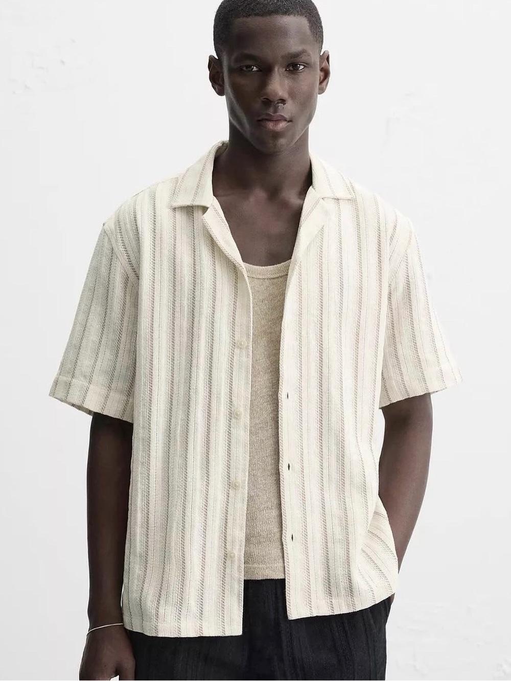 Zara Men's Short-Sleeve Knit Button Down Cream + Tan XL